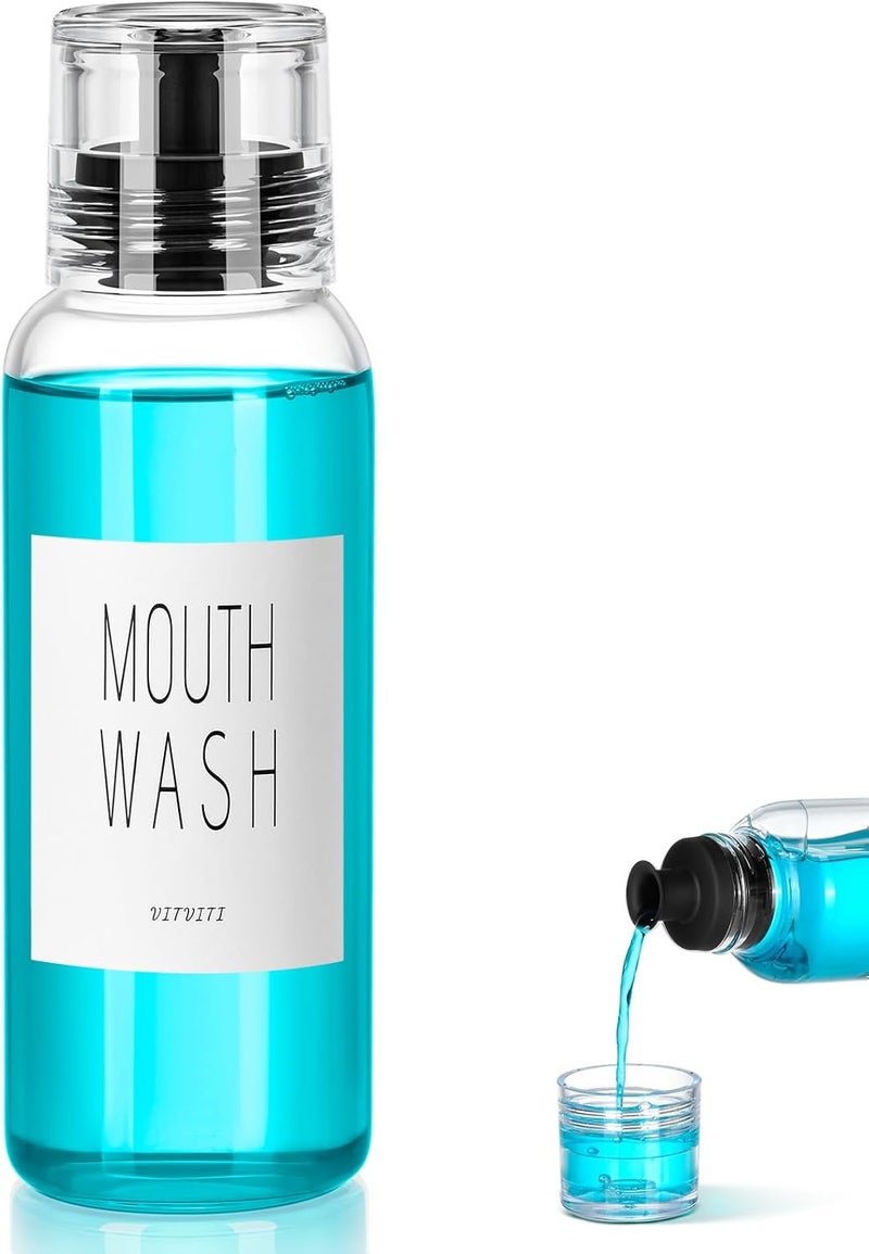 VITVITI Glass Mouthwash Dispenser for Bathroom, 10 OZ Mouth Wash Container Bottle with Lid Cup, Countertop Small Clear Refillable Mouthwash Dispensers Decanter (Black) - Image 1